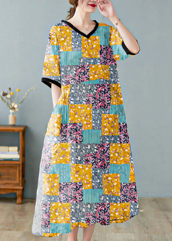 Robe en Lin à Col V pour Femme avec Imprimé 8