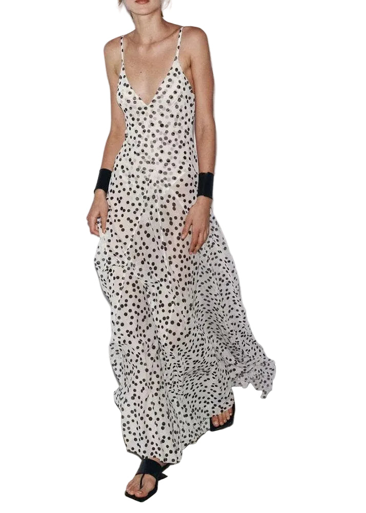 Robe femme dos nu à pois style spaghetti sans manches 0