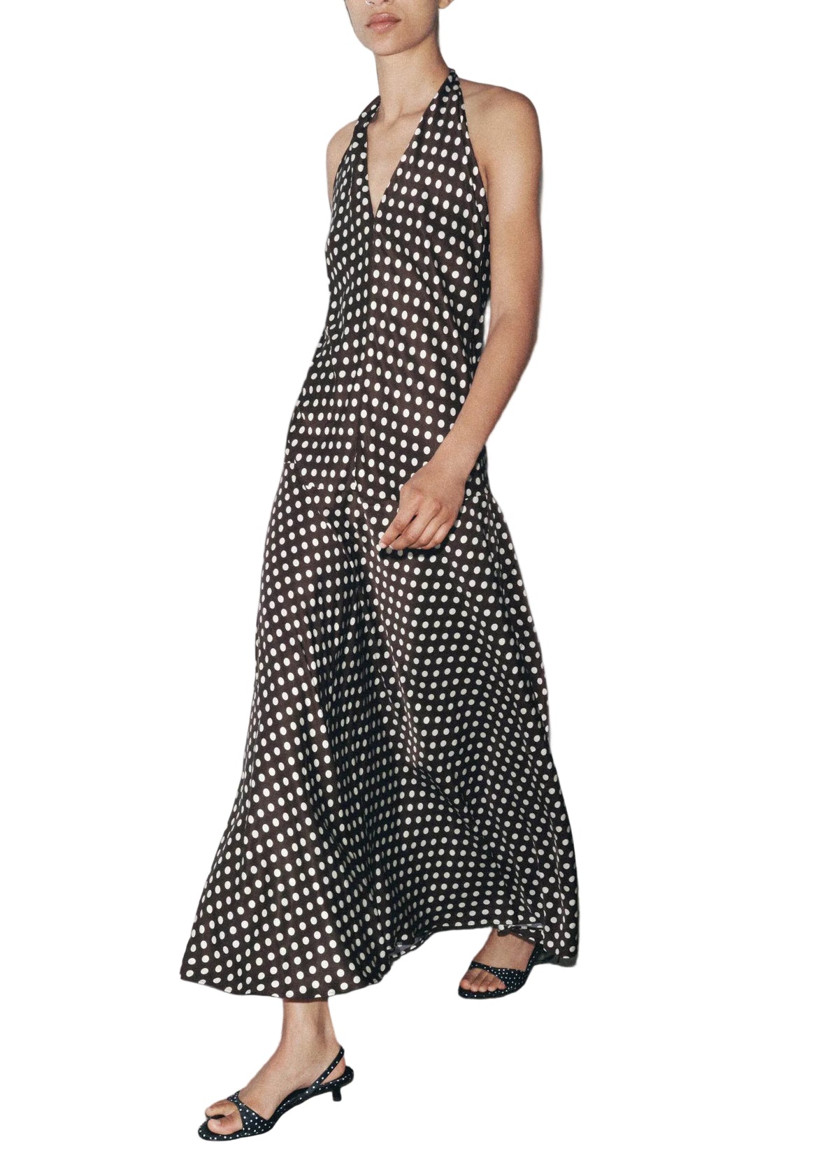 Robe femme longue à col en V imprimé pois sans manches 1