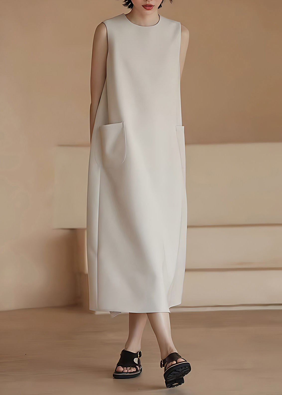Robe femme sans manches à col rond avec poches drapées 1
