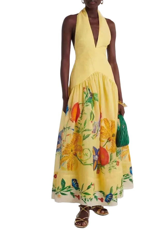 Robe femme sans manches col en V imprimée style vacances 0