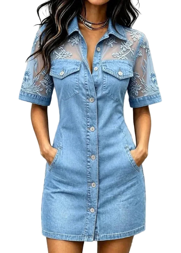 Robe femme vacances manches courtes col claudine patchwork dentelle 0