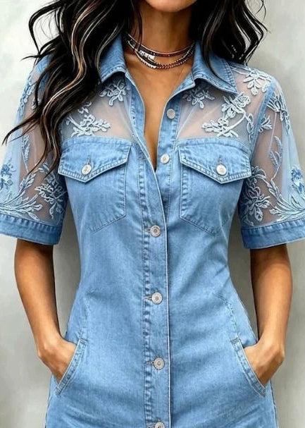 Robe femme vacances manches courtes col claudine patchwork dentelle 3