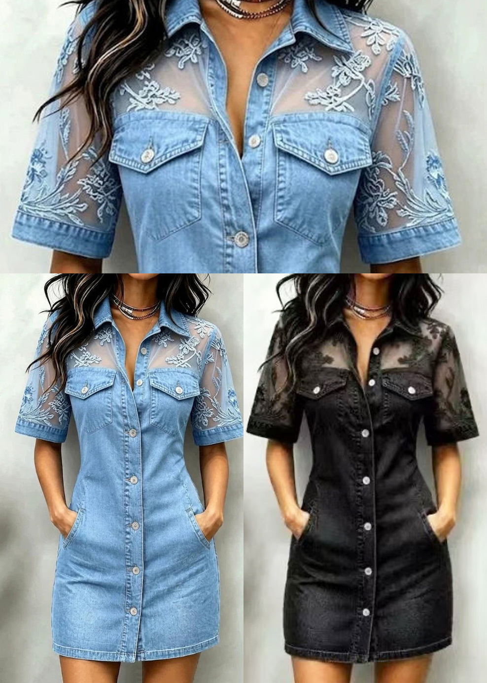Robe femme vacances manches courtes col claudine patchwork dentelle 4