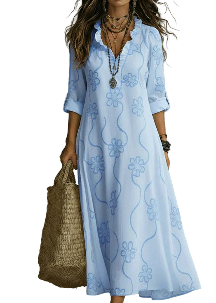 Robe longue à volants col en V manches longues pour femme 0