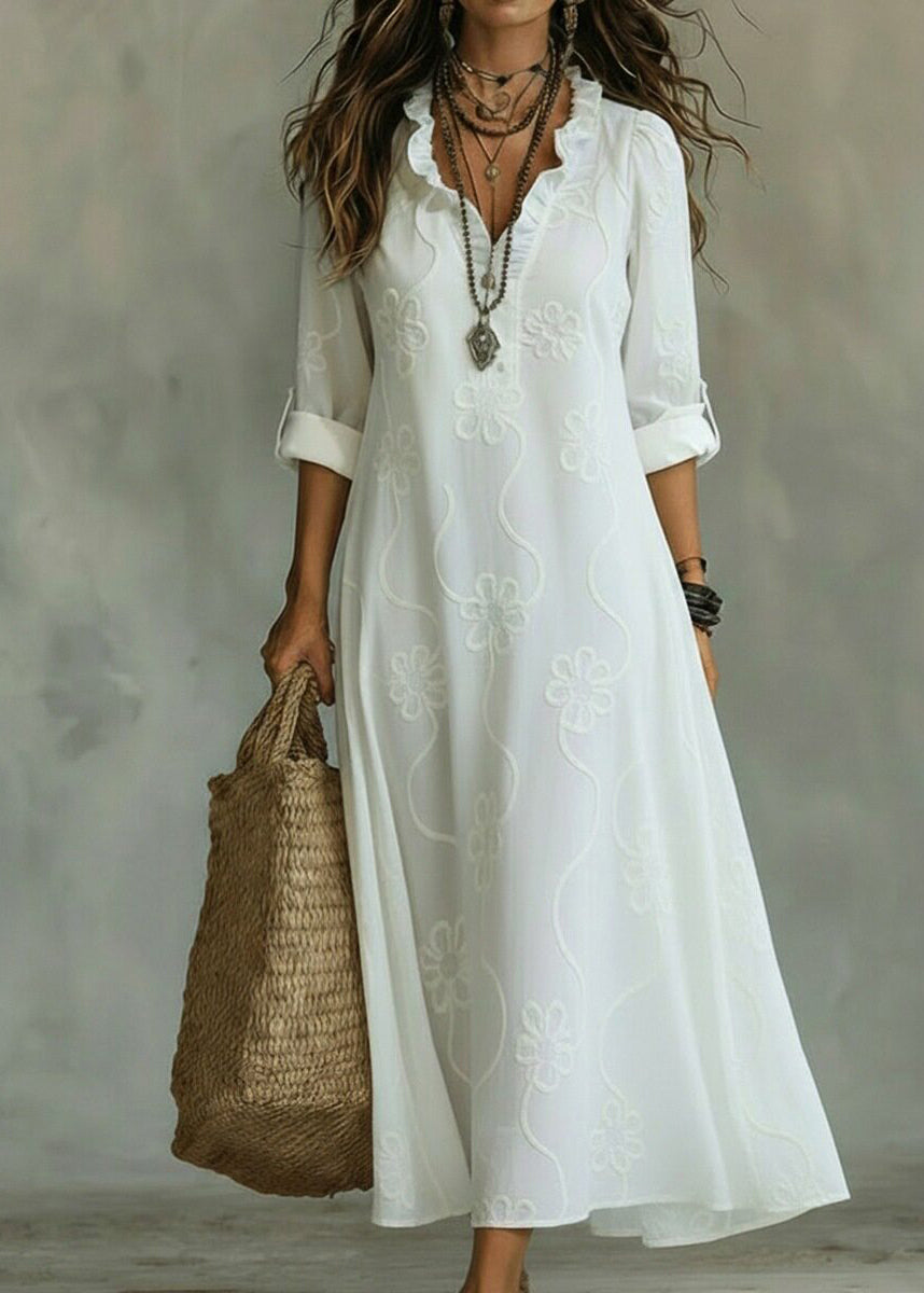Robe longue à volants col en V manches longues pour femme 1