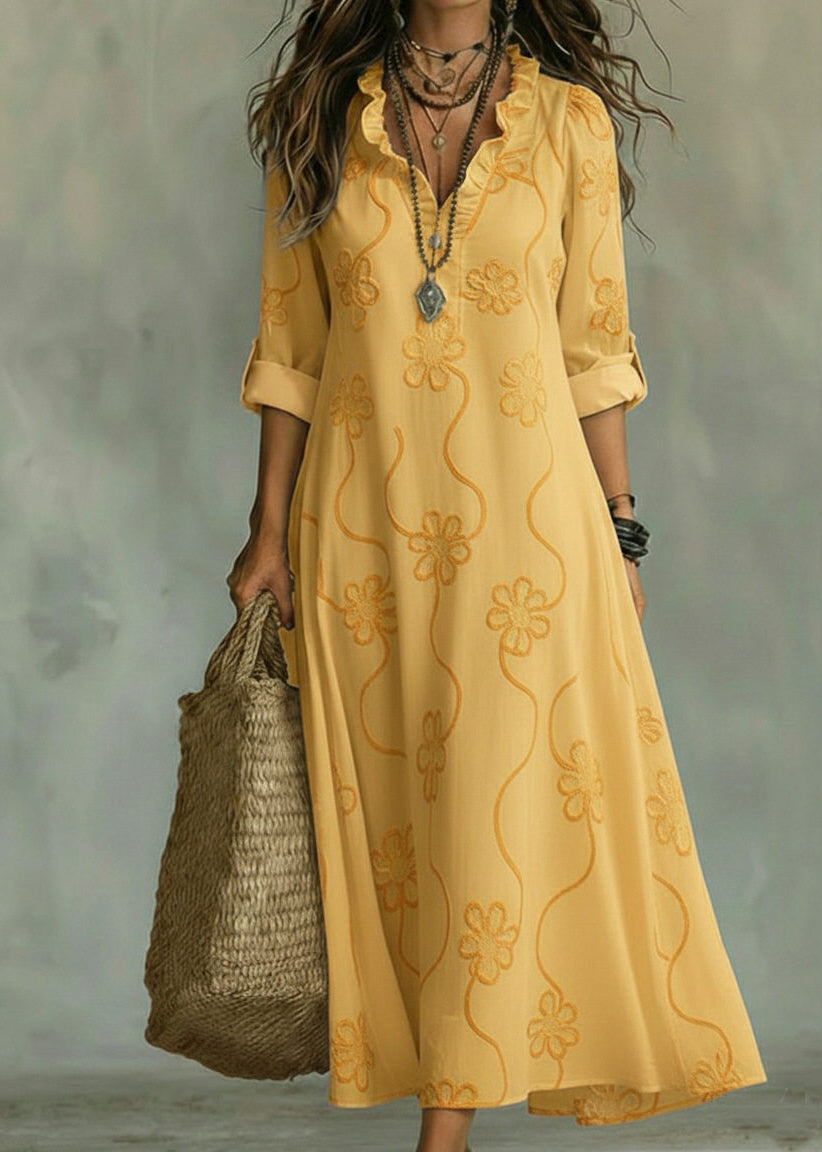 Robe longue à volants col en V manches longues pour femme 2
