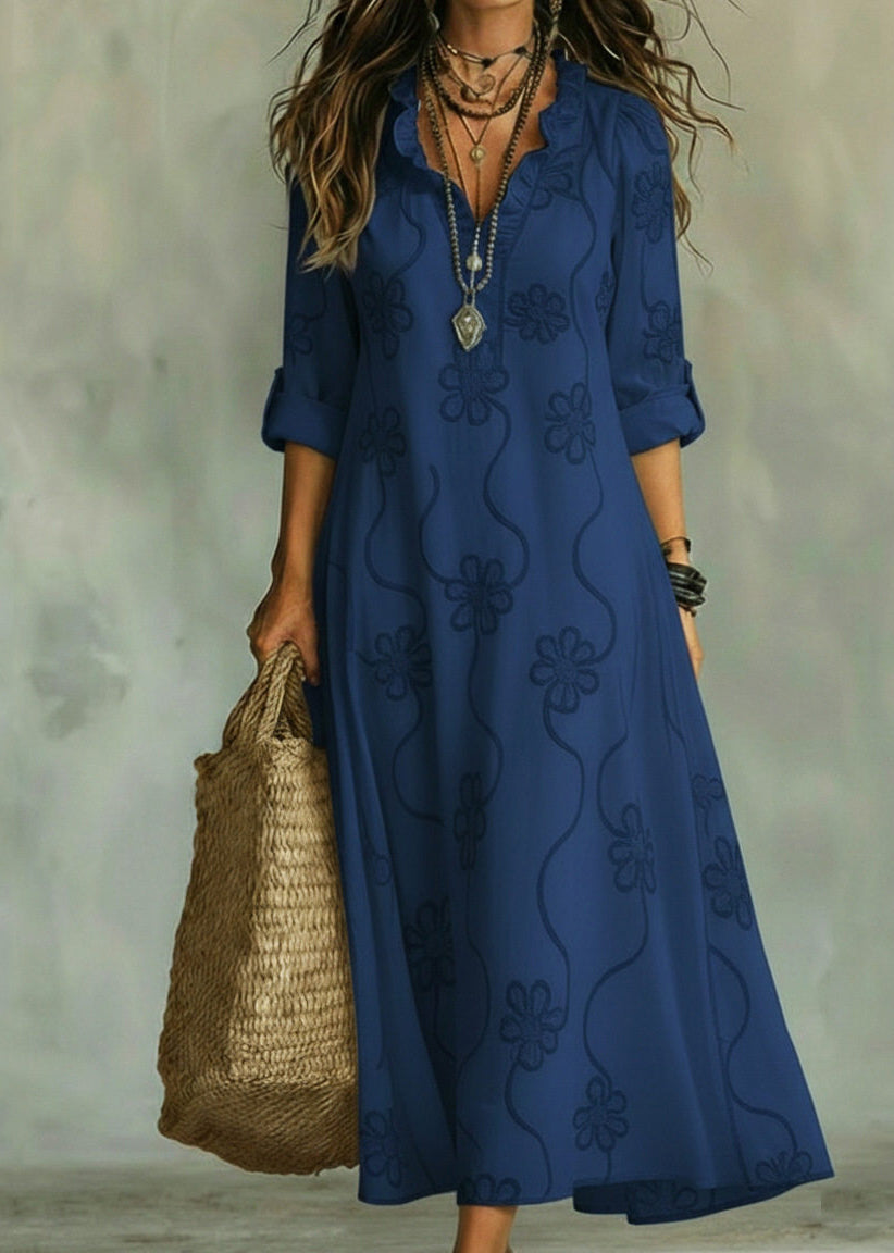 Robe longue à volants col en V manches longues pour femme 3
