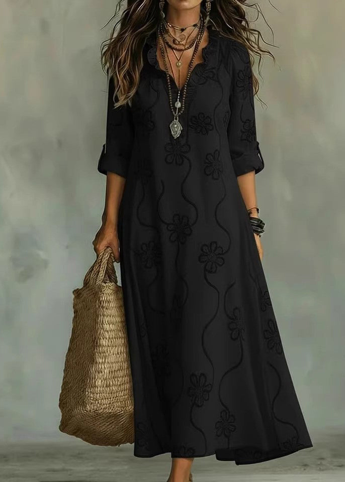 Robe longue à volants col en V manches longues pour femme 4