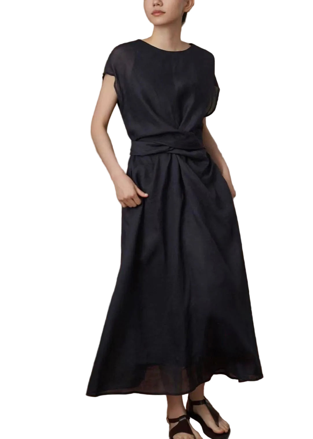Robe longue décontractée à col rond et taille nouée pour femme 0