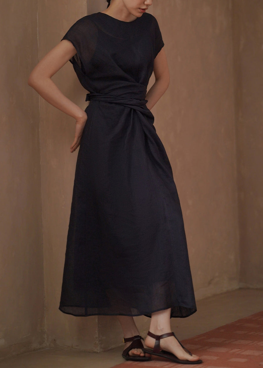 Robe longue décontractée à col rond et taille nouée pour femme 2