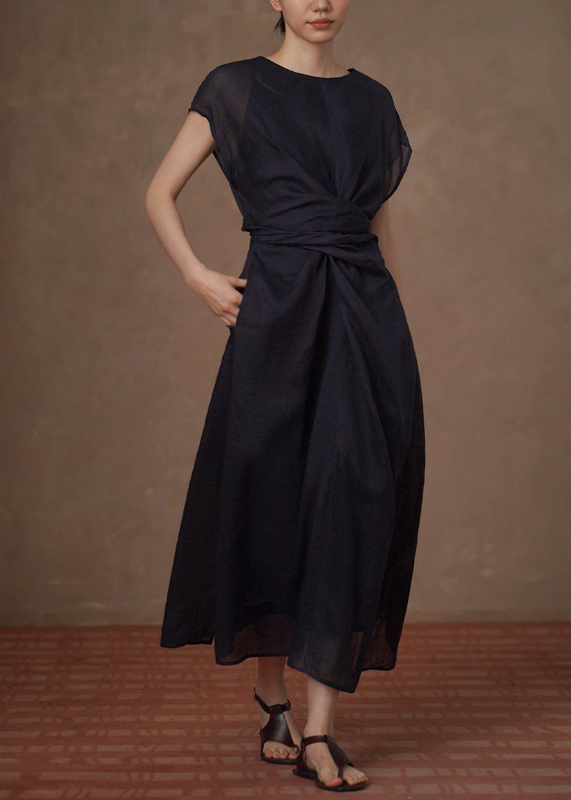 Robe longue décontractée à col rond et taille nouée pour femme 3