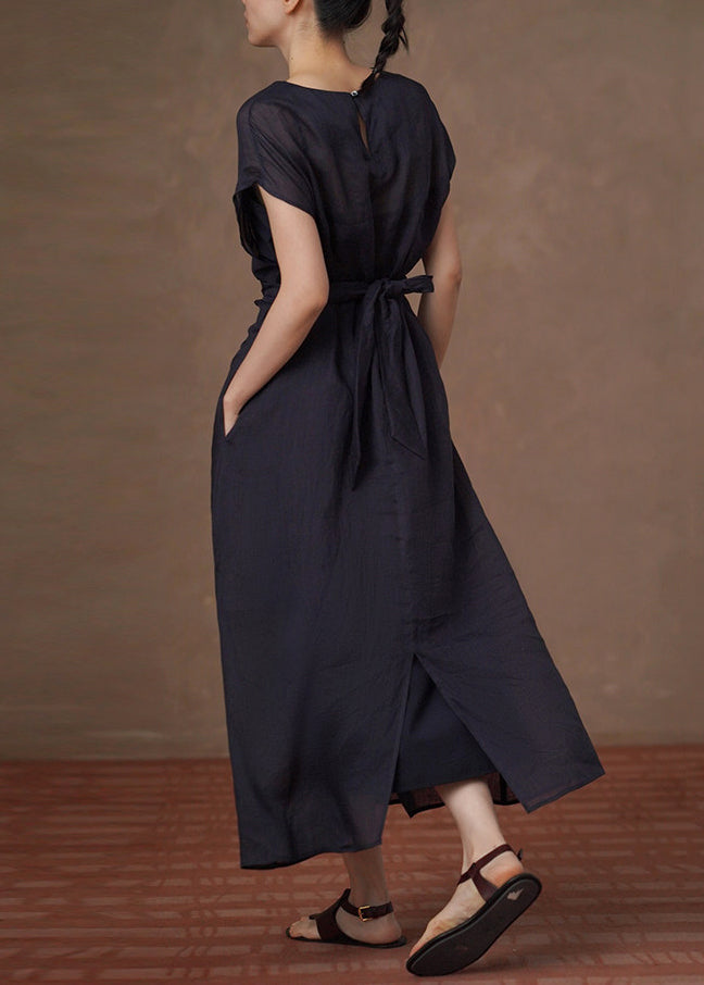 Robe longue décontractée à col rond et taille nouée pour femme 4
