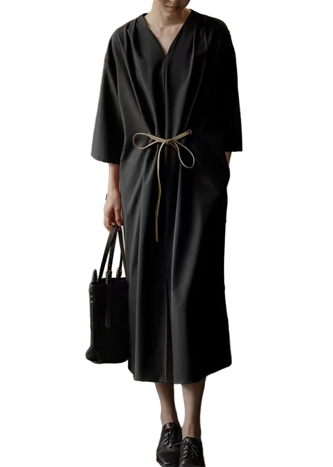 Robe longue décontractée femme col en V avec ceinture et ourlet fendu 0