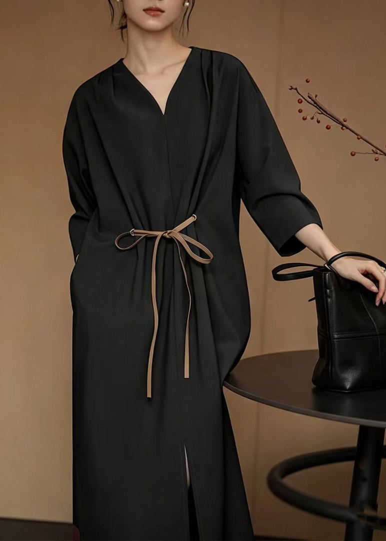 Robe longue décontractée femme col en V avec ceinture et ourlet fendu 4