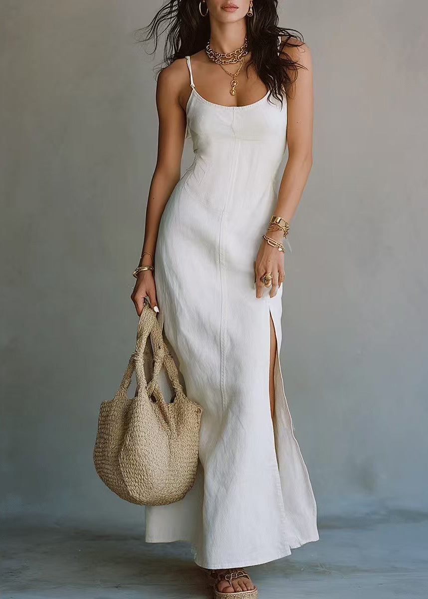 Robe longue femme à bretelles spaghetti avec ouverture latérale et patchwork 0