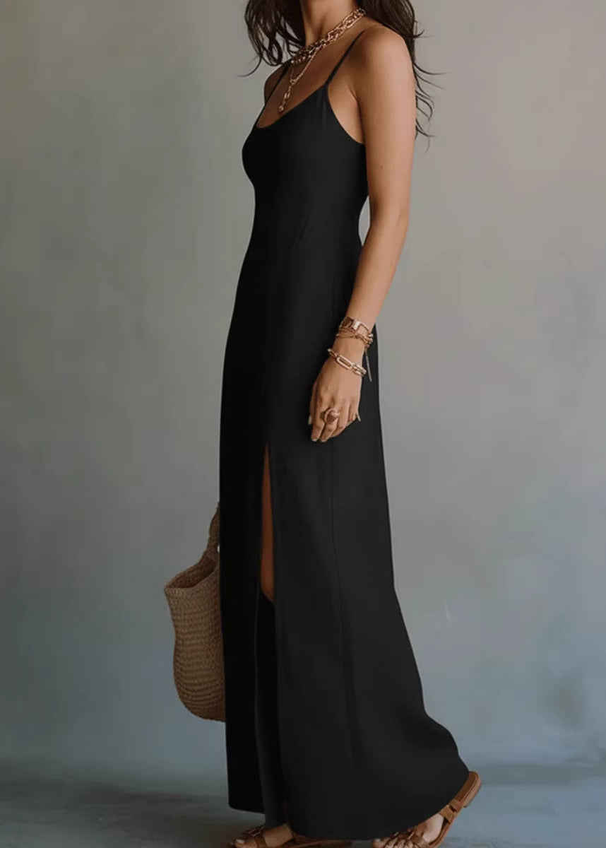 Robe longue femme à bretelles spaghetti avec ouverture latérale et patchwork 3