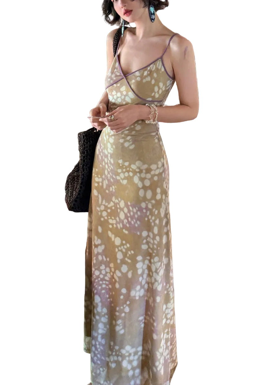 Robe longue femme à col en V et bretelles spaghetti style patchwork 0