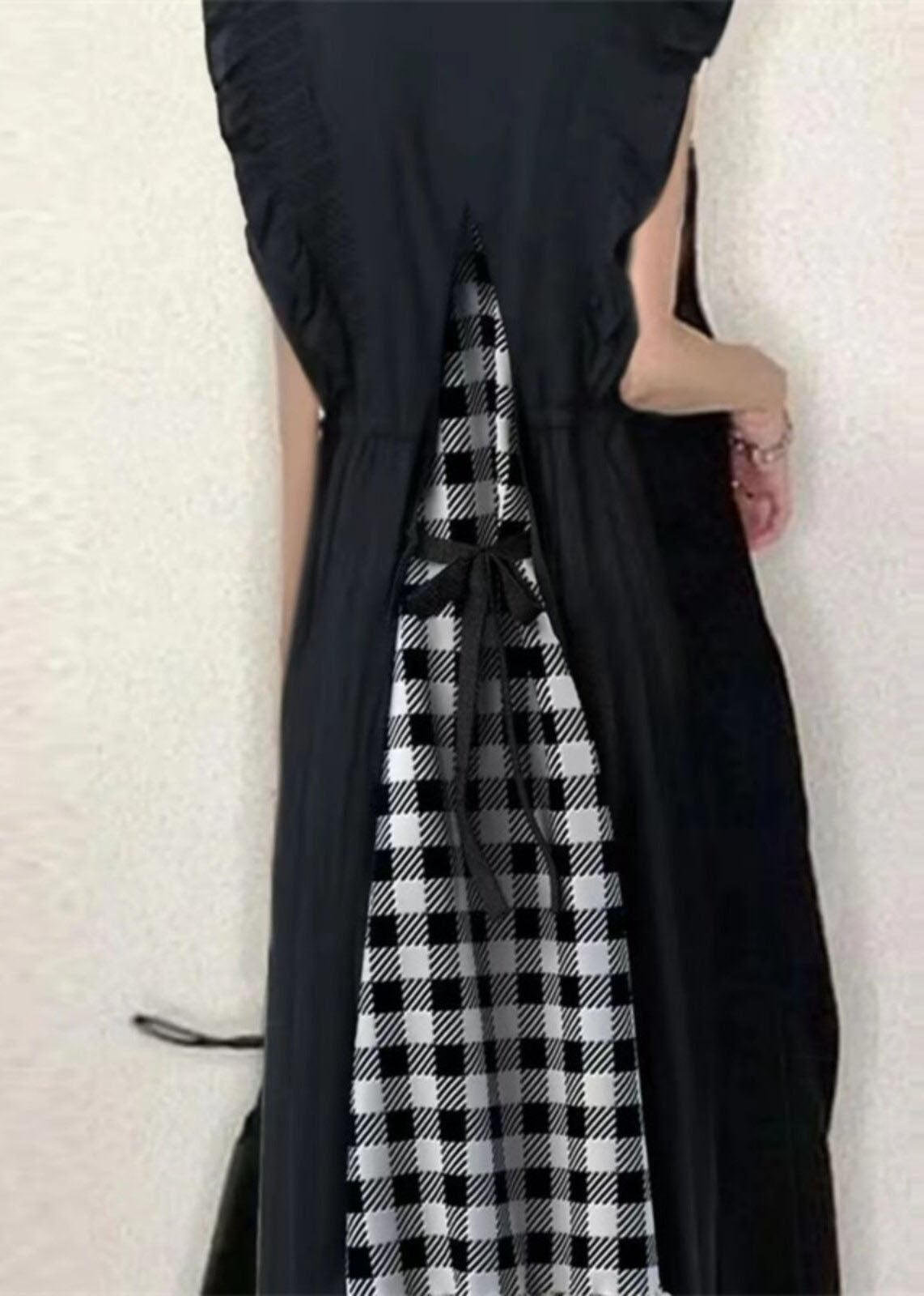 Robe longue femme à col en V et volants style patchwork à carreaux 3