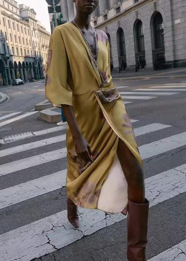 Robe longue femme à col en V imprimée froissée 1
