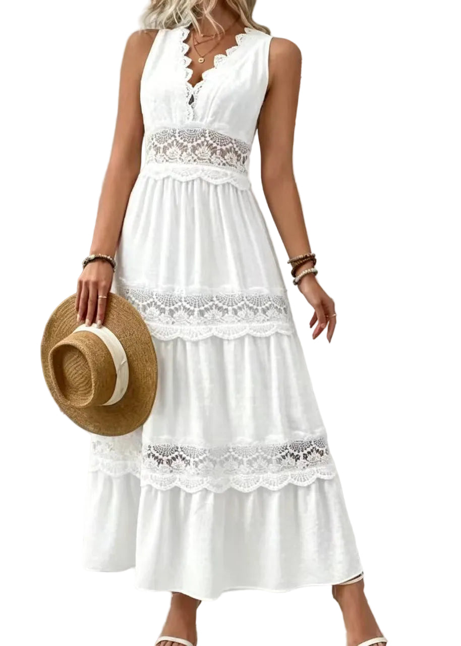 Robe longue femme à col en V sans manches avec détails en dentelle 0