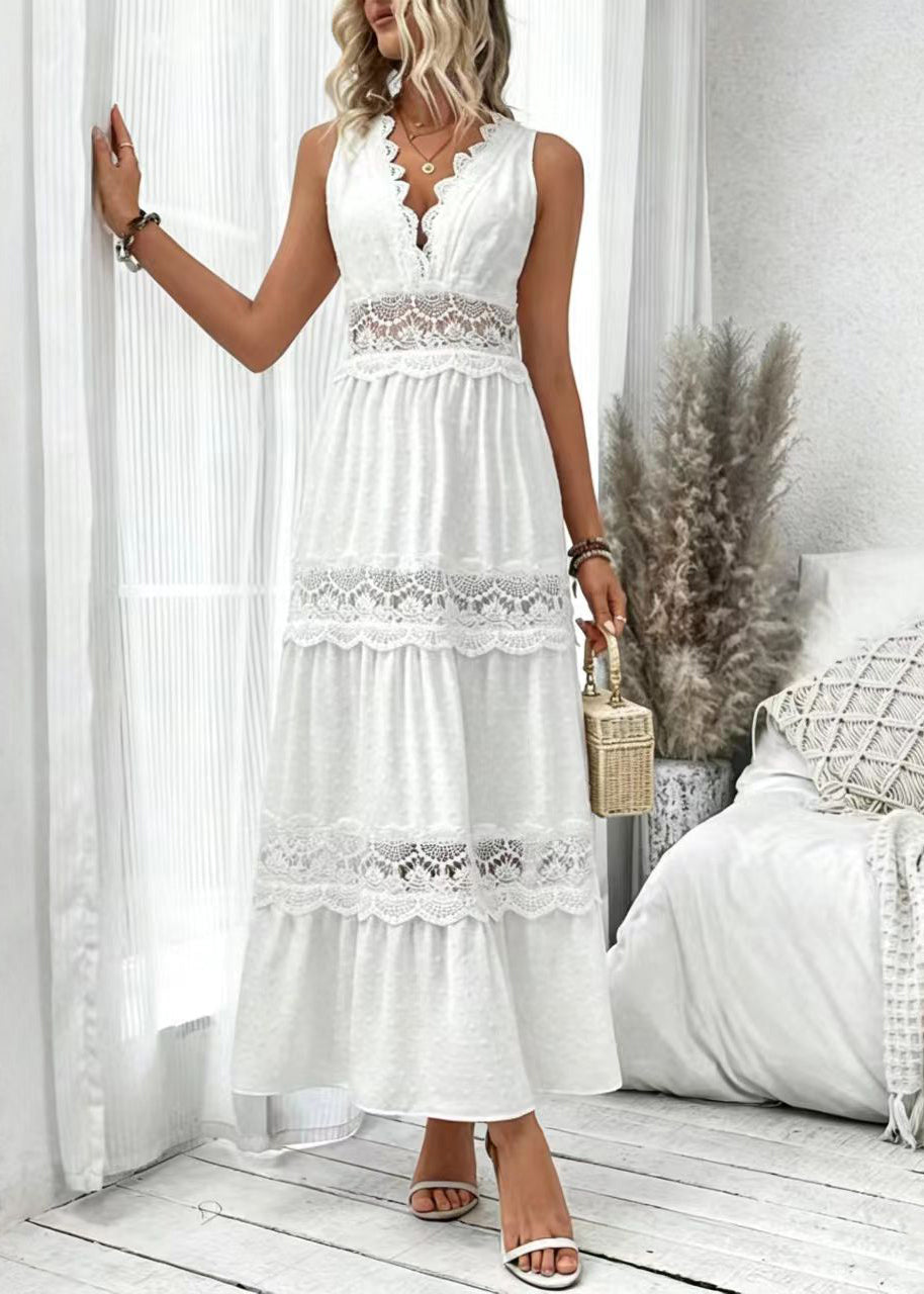 Robe longue femme à col en V sans manches avec détails en dentelle 2