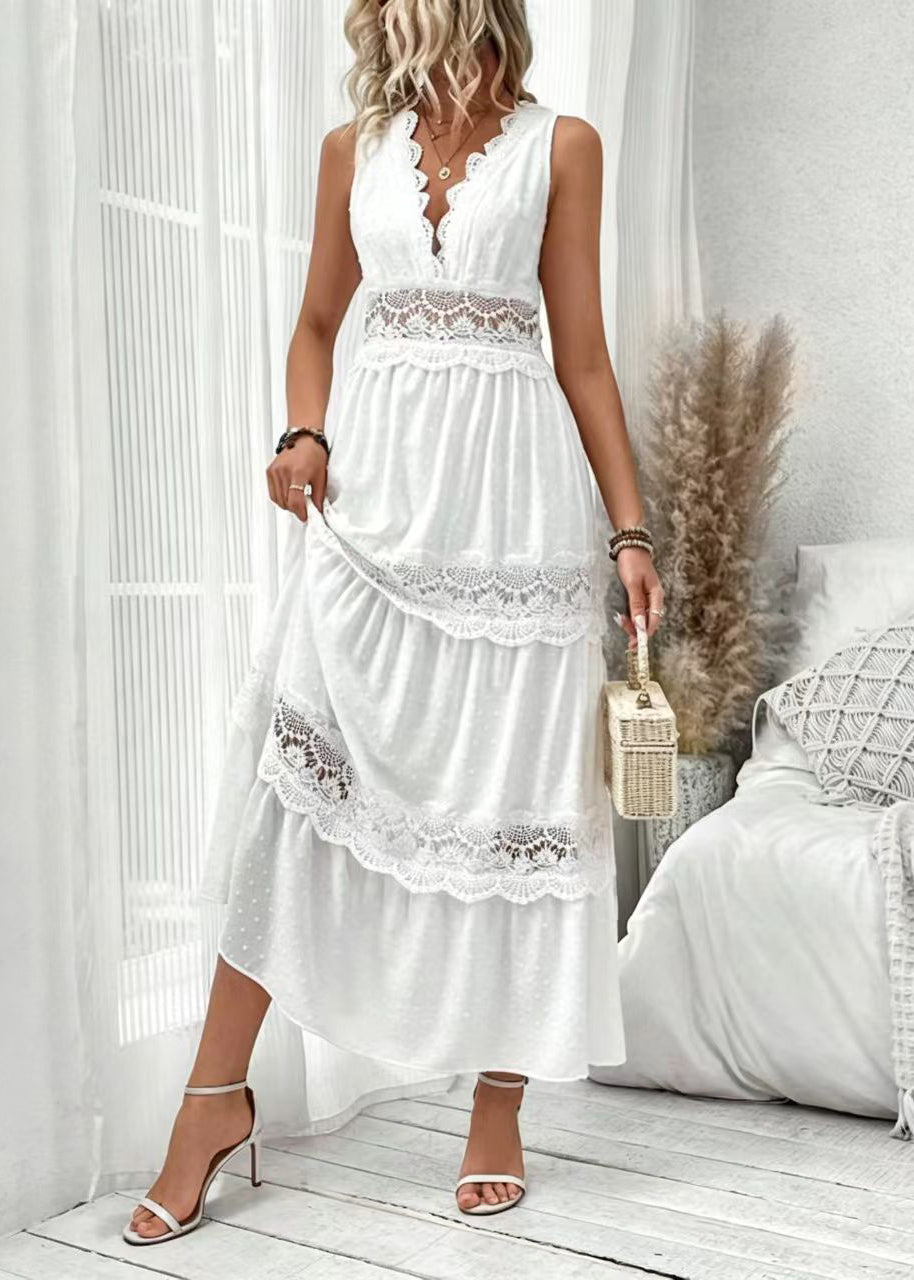 Robe longue femme à col en V sans manches avec détails en dentelle 3