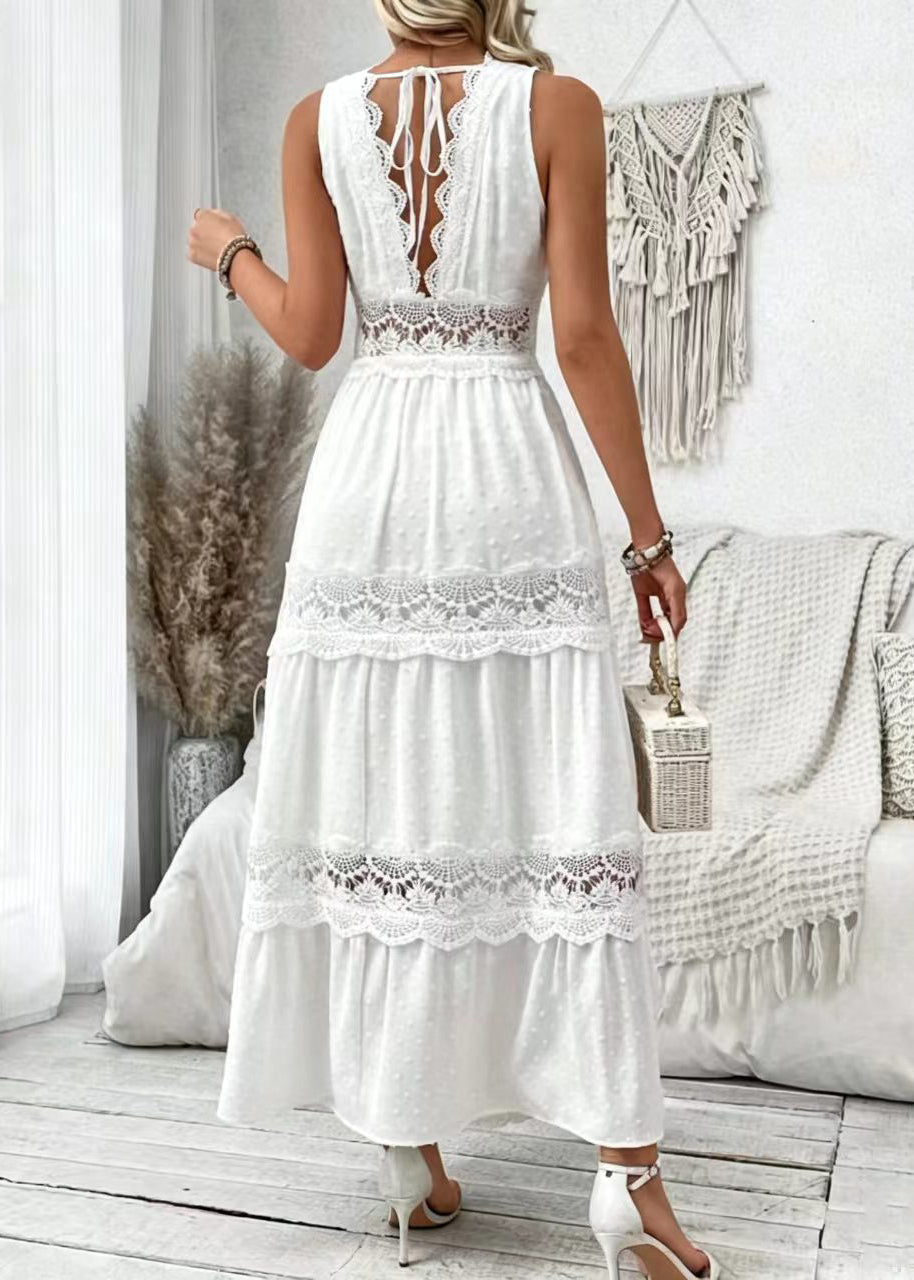 Robe longue femme à col en V sans manches avec détails en dentelle 4