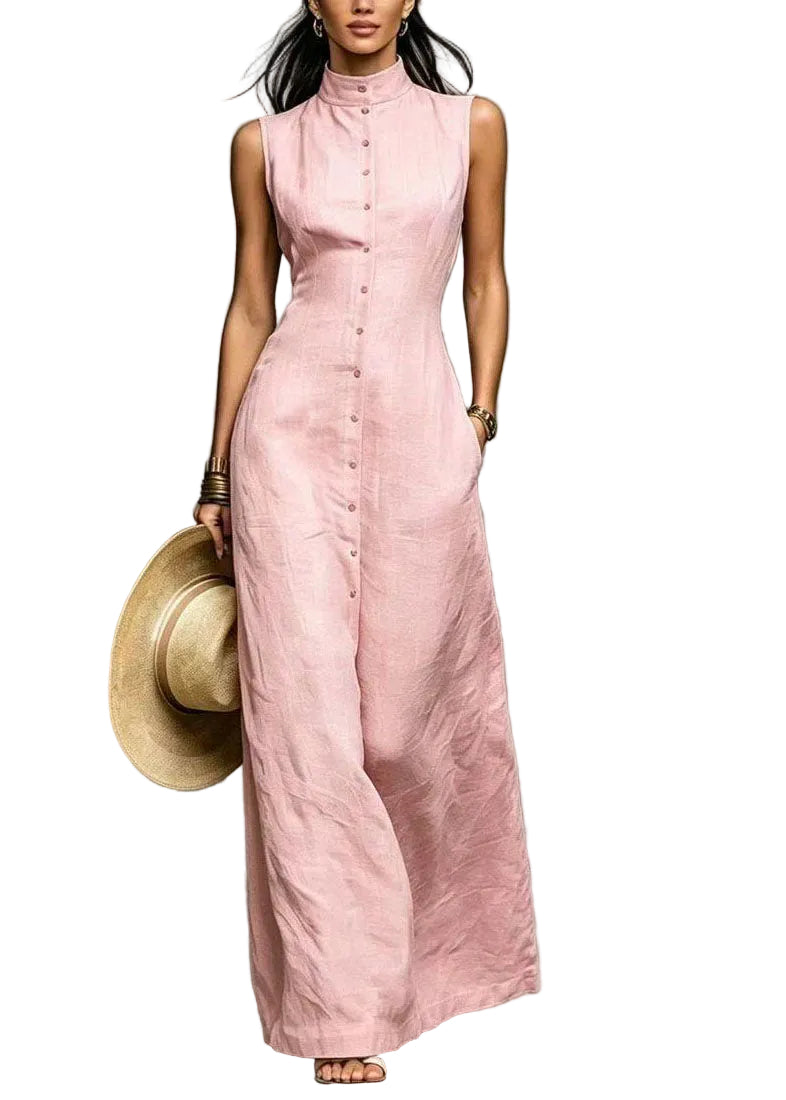 Robe longue femme à col montant et simple boutonnage sans manches 0
