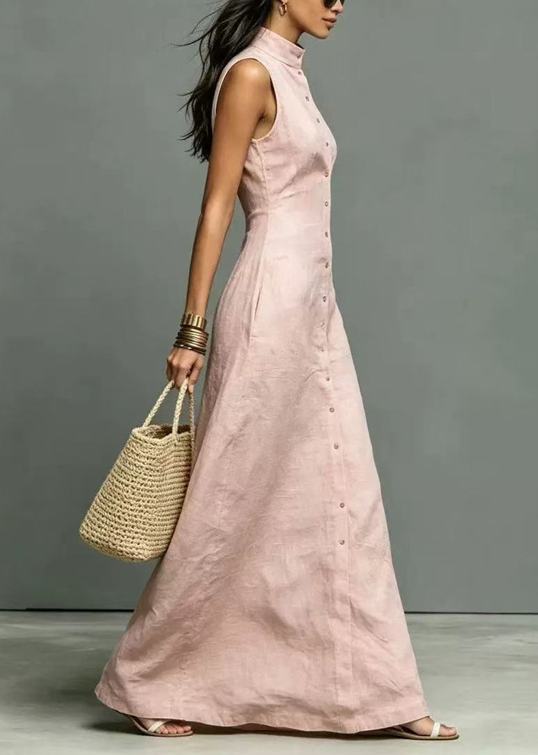 Robe longue femme à col montant et simple boutonnage sans manches 1