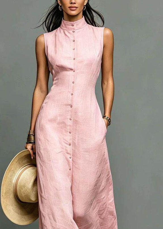 Robe longue femme à col montant et simple boutonnage sans manches 3