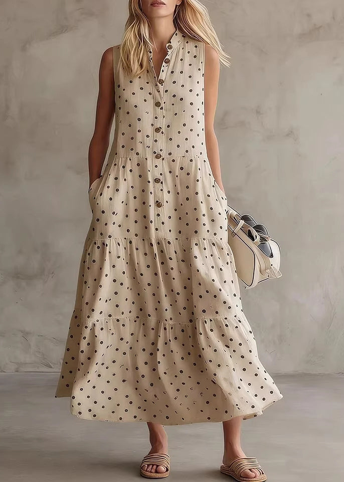 Robe longue femme à col rond et motif patchwork à pois 2