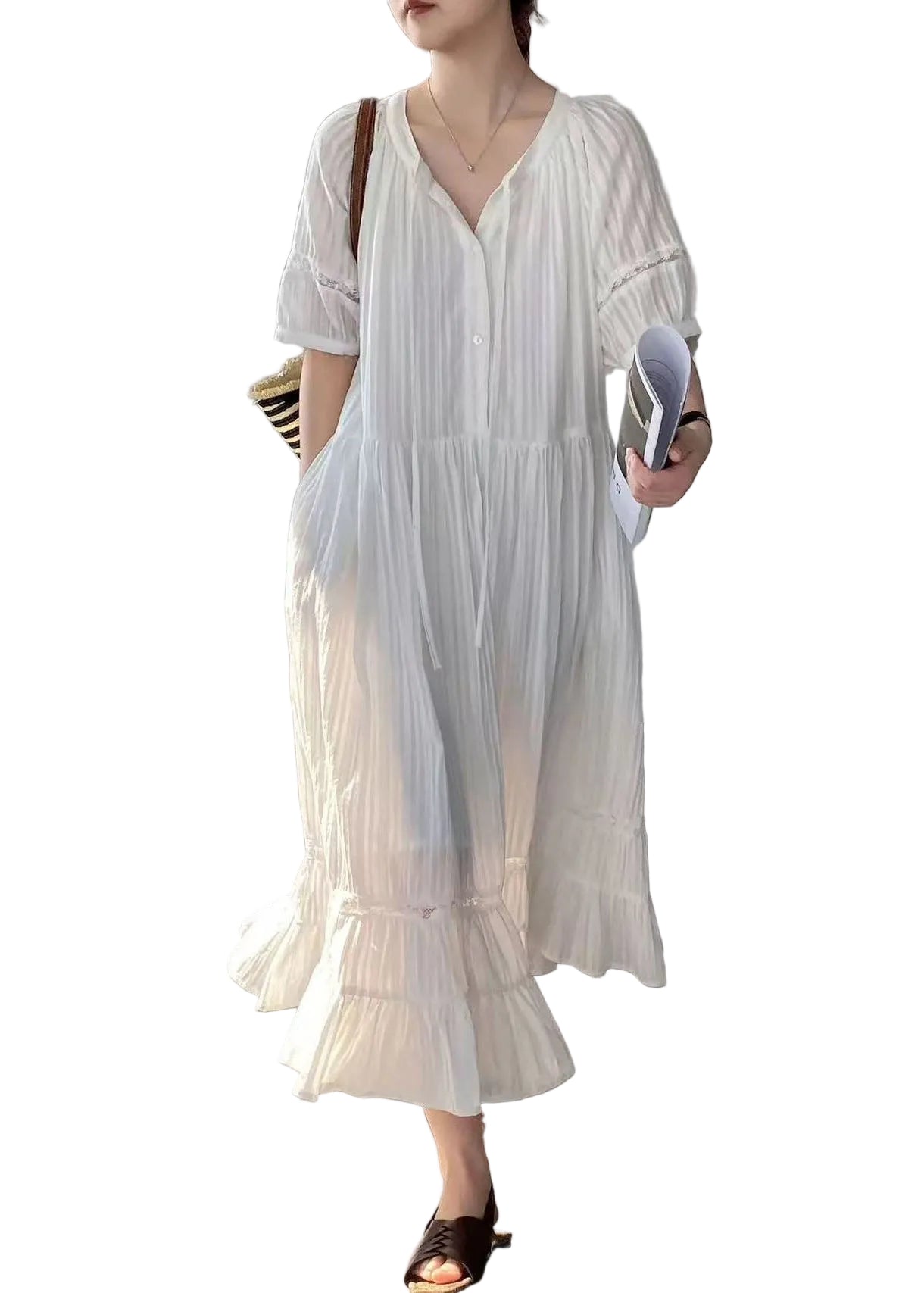 Robe longue femme à lacets style froissé été 0