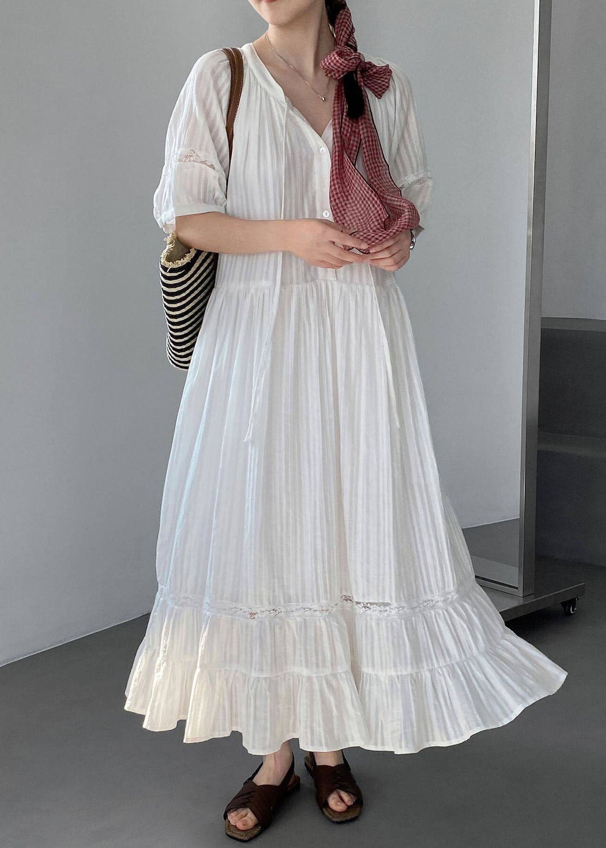 Robe longue femme à lacets style froissé été 1