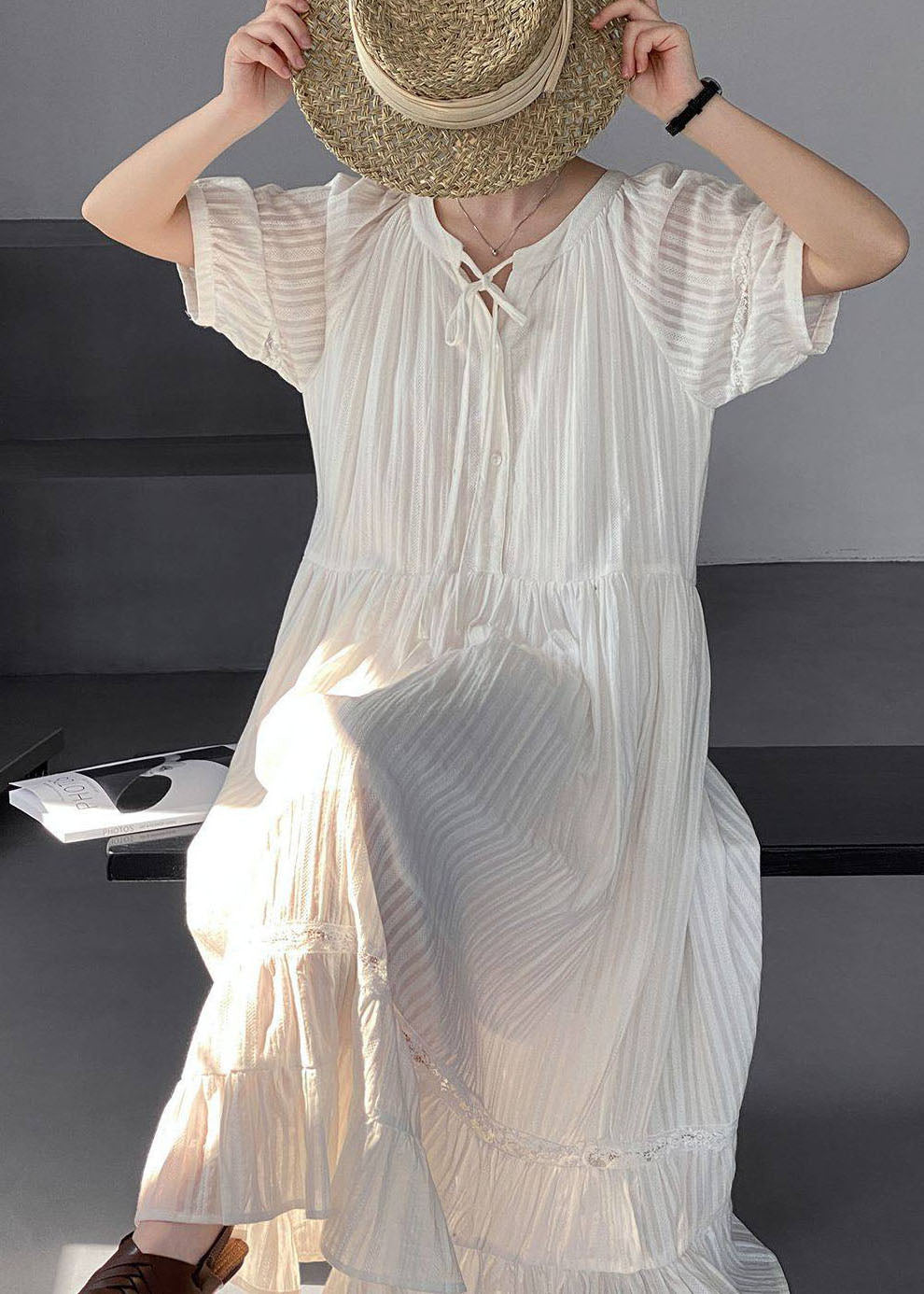 Robe longue femme à lacets style froissé été 3