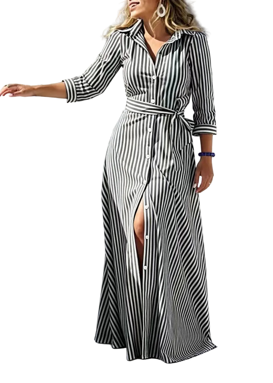 Robe longue femme à rayures col Peter Pan avec ceinture à la taille 0