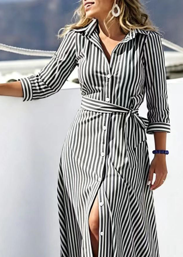 Robe longue femme à rayures col Peter Pan avec ceinture à la taille 2