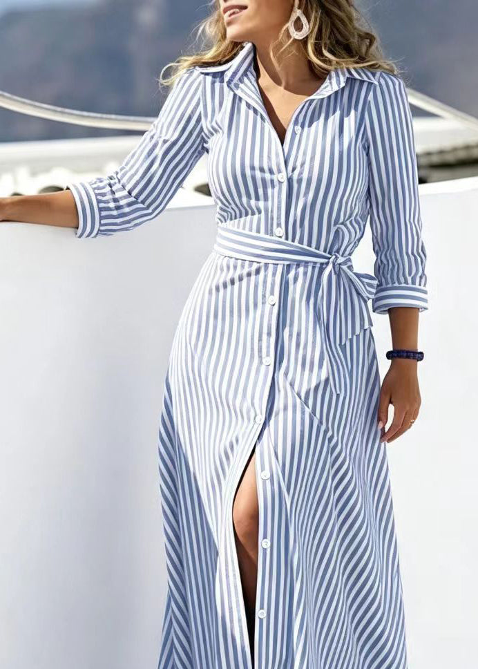 Robe longue femme à rayures col Peter Pan avec ceinture à la taille 3