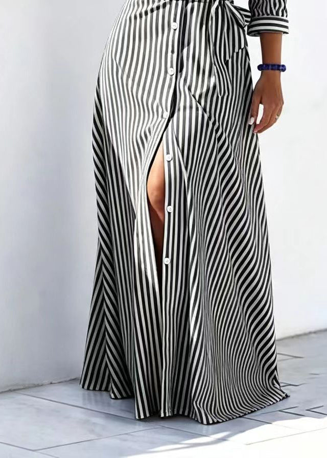 Robe longue femme à rayures col Peter Pan avec ceinture à la taille 4
