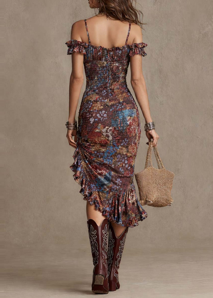 Robe longue femme à volants asymétrique épaules dénudées 1