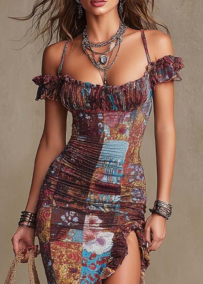 Robe longue femme à volants asymétrique épaules dénudées 3