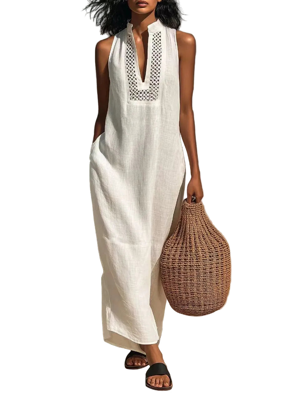 Robe longue femme ajustée col en V sans manches 0