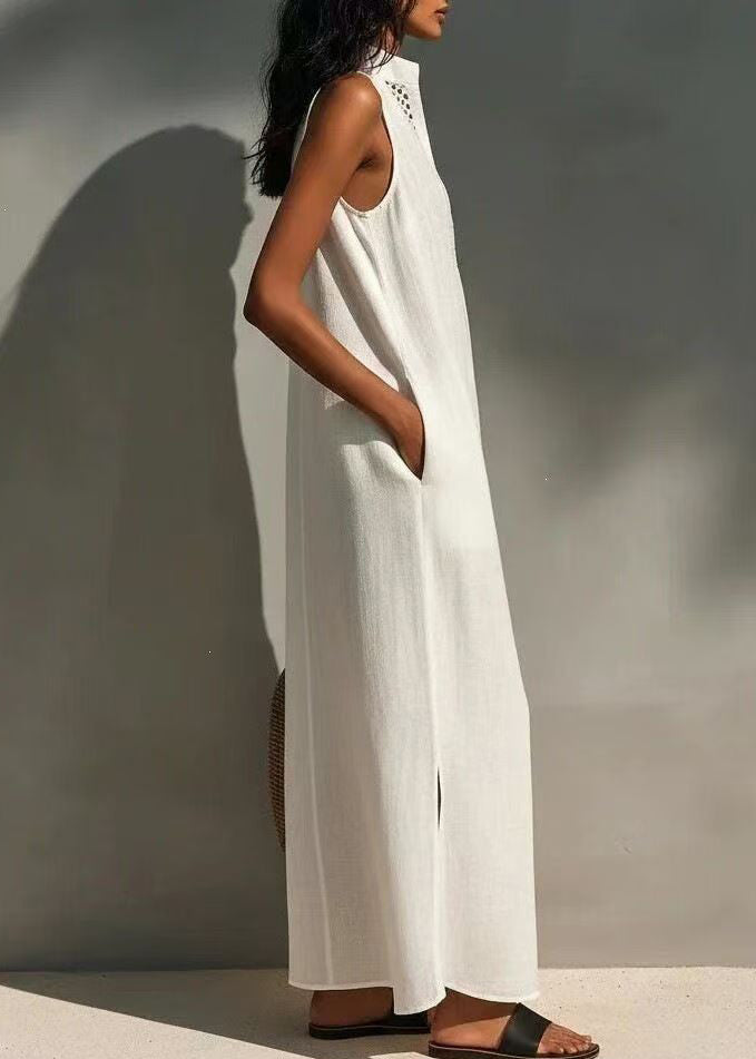 Robe longue femme ajustée col en V sans manches 1