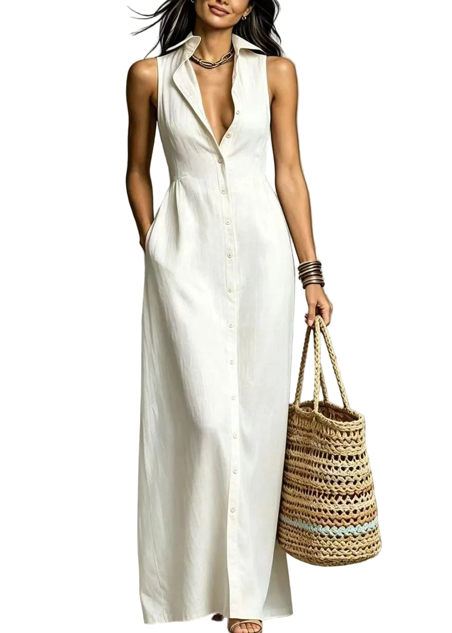 Robe longue femme col Peter Pan boutonnée avec poches 0