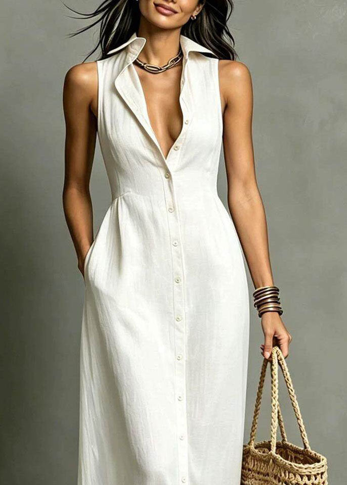 Robe longue femme col Peter Pan boutonnée avec poches 3