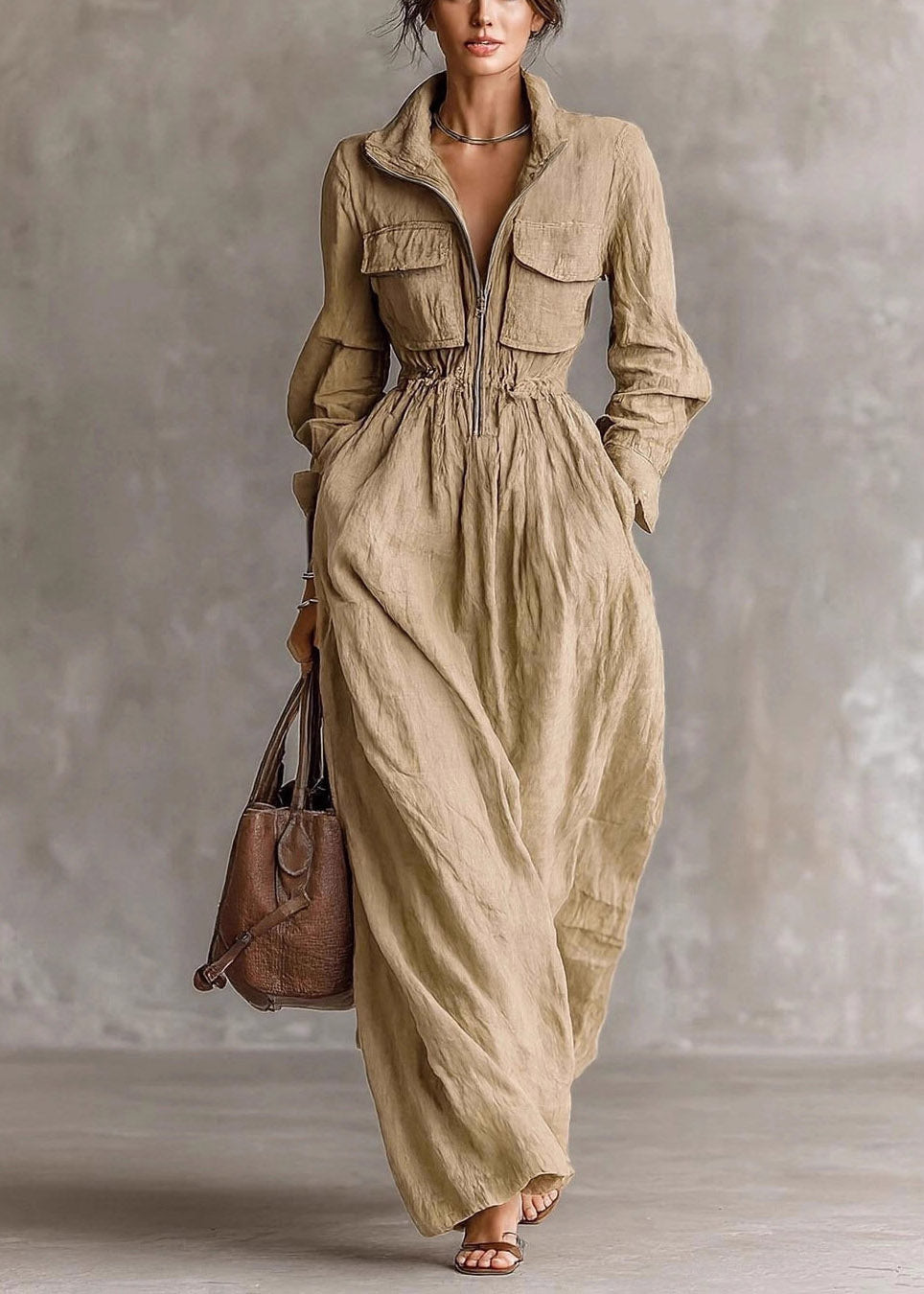 Robe longue femme col Peter Pan manches longues 1