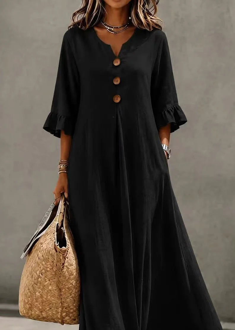 Robe longue femme col V boutonnée manches papillon ample 3