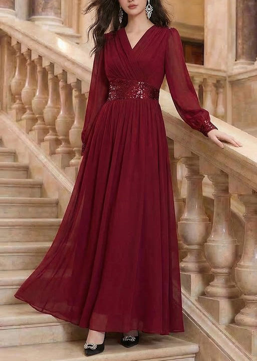 Robe longue femme col en V à paillettes patchwork mousseline été 0