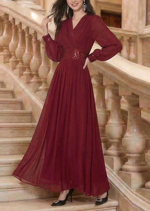 Robe longue femme col en V à paillettes patchwork mousseline été 1