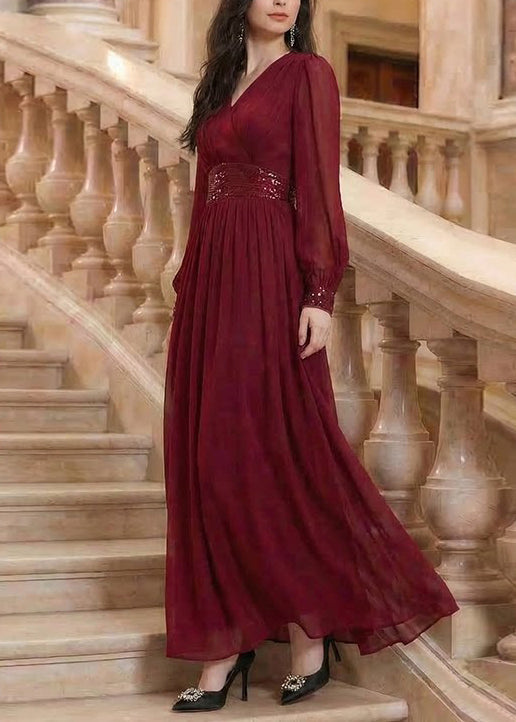 Robe longue femme col en V à paillettes patchwork mousseline été 2